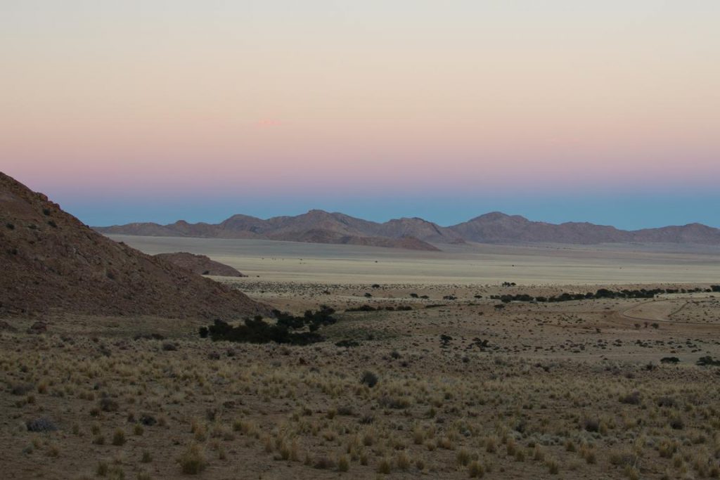 Sonnenaufgang in hellblau und rosa über der Karoo
